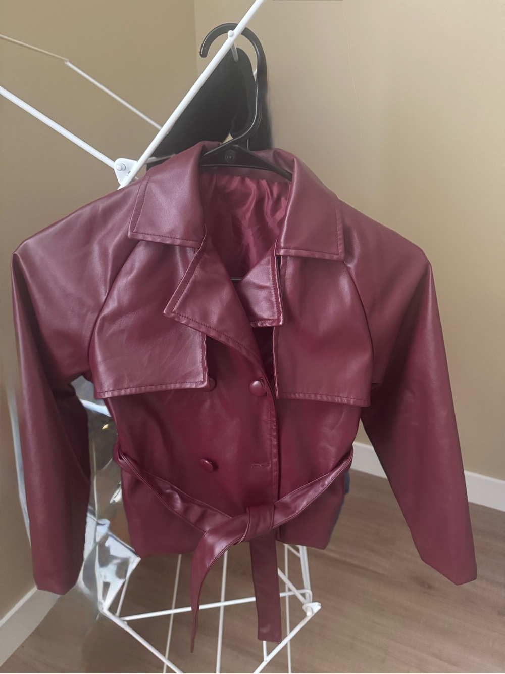 Girls burgundy, faux, leather trench jacket